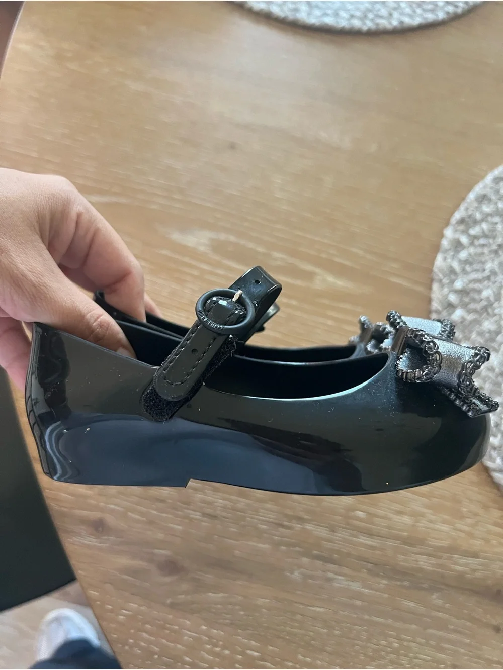 Mini Melissa Black Girls' Mary Jane Jelly Shoes with Beaded Bow